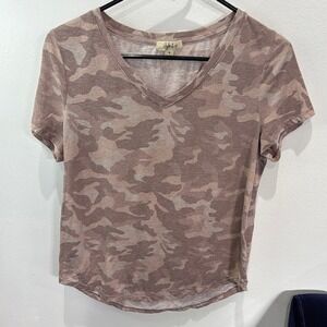 Style & Co Womens Camouflage V Neck T‎ Shirt Top Mauve Pink Medium
